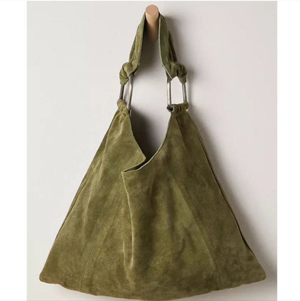 NWT Free People Bobbi Slouch Suede Tote Purse Bag in Khaki (Olive Green) - Picture 2 of 3
